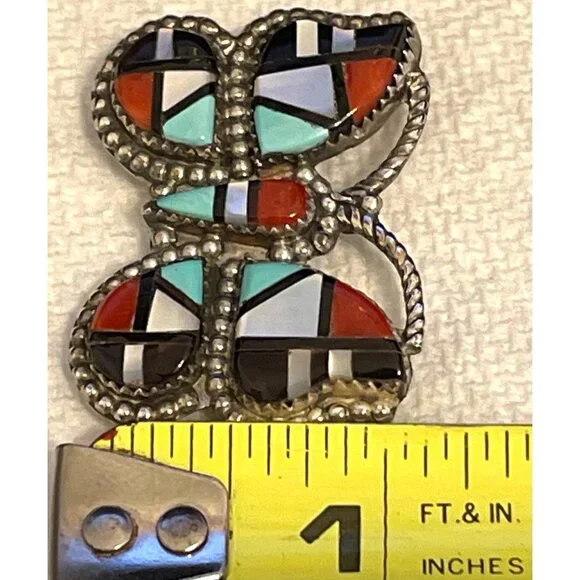 Zuni Native American Inlay Gemstones Butterfly Pin Brooch Pendant Signed Silver - Picture 11 of 13